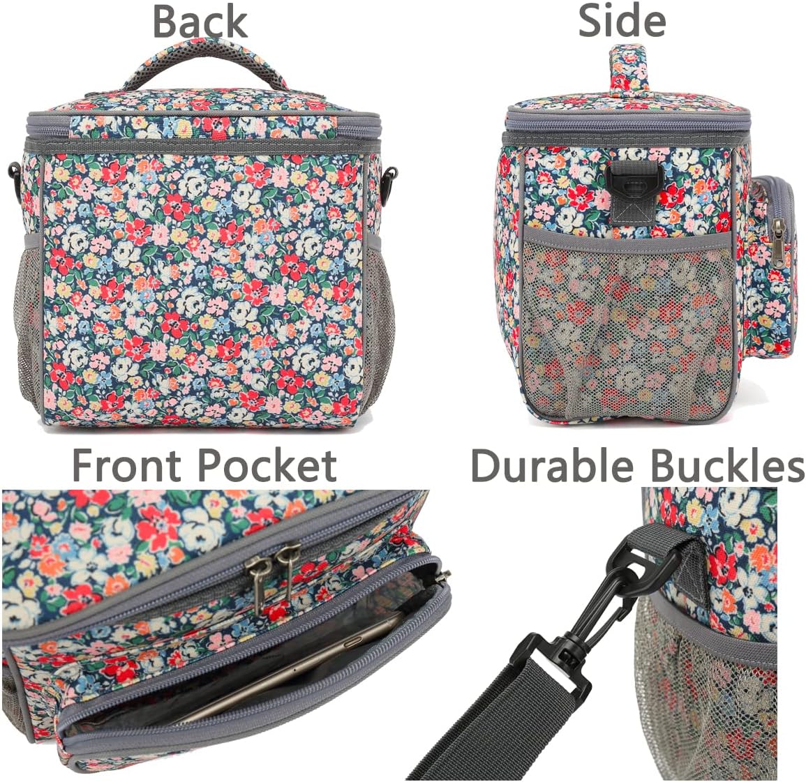 FlowFly Insulated Reusable Lunch Bag Adult Large Lunch Box for Women and Men with Adjustable Shoulder Strap,Front Zipper Pocket and Dual Large Mesh Side Pockets,Cherry - Colors A