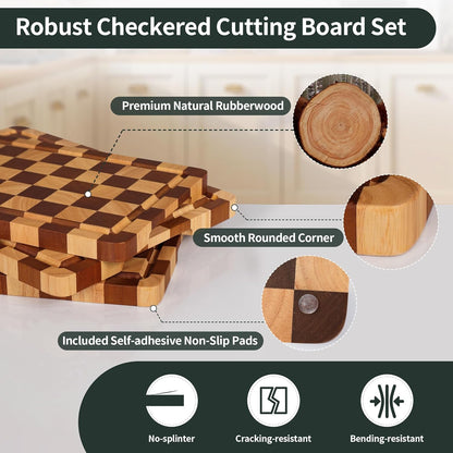 WILLKOMMEN Checkered Cutting Board Set, 3-Piece Wood Checkerboard End Grain Chopping Boards with Holder & Juice Groove Wooden Kitchen Cutting Board for Cooking and Serving (S, M, L)