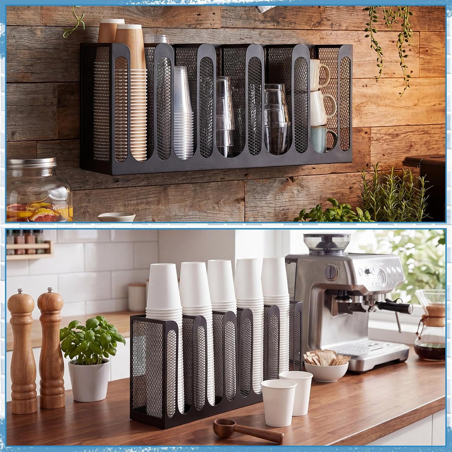 Maxcheck Metal Mesh Cup and Lid Holder Coffee Paper Cup Dispenser Lid Holder Storage Organizer Countertop or Wall Mount for Coffee Bar, Kitchen, Breakroom(4 Compartments,16.1 x 4.1 x 8 Inch)