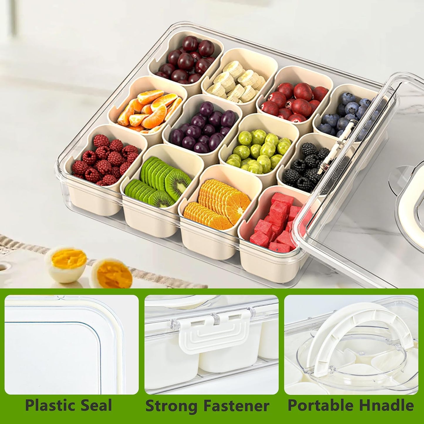 Snackle Box Charcuterie Container Divided Serving Tray with Lid and Handle Portable Snack Platters for Fruit Nuts Candy Entertaining Party Picnic(4 Compartments)