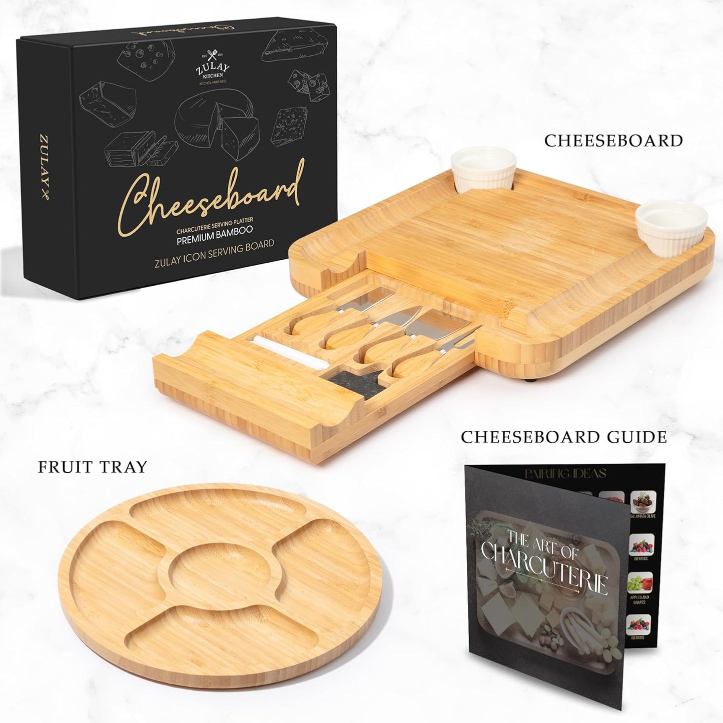 Zulay Kitchen Premium Bamboo Charcuterie Board - Extra Thick Bamboo Board with 4 Piece Knife Set - Perfect for Charcuterie, Wine and Cheese