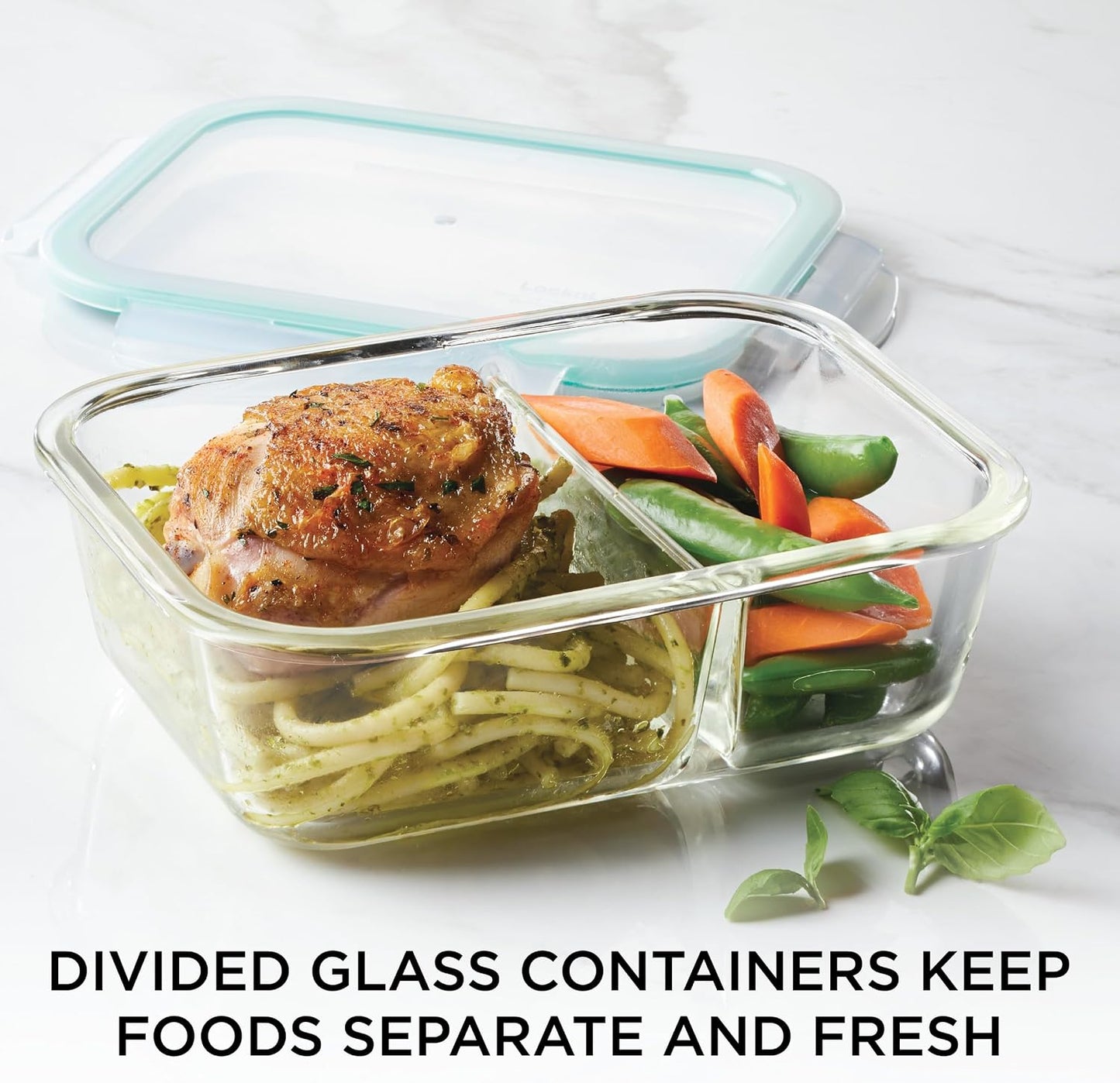 LOCK & LOCK Purely Better Glass Food Storage Container with Lid, Rectangle w/divider, 25 oz - Clear