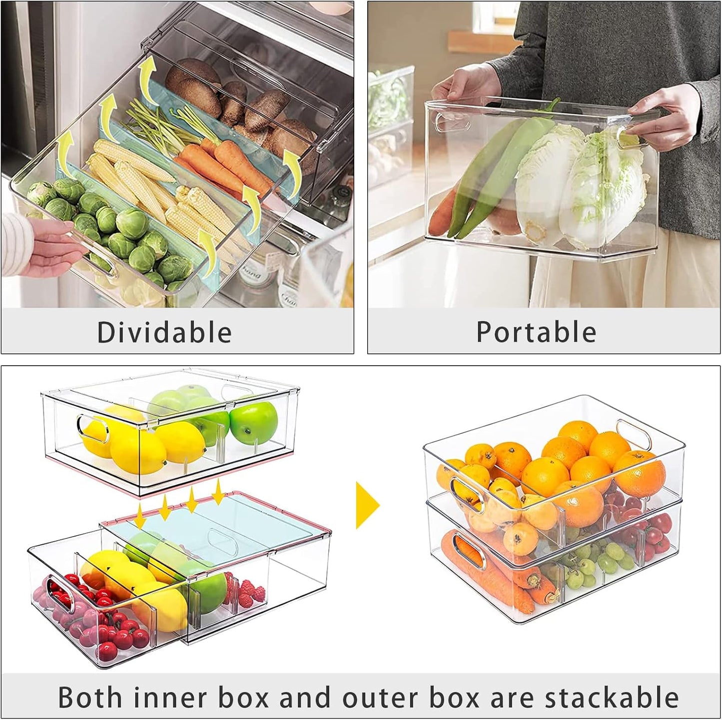 3Pack Fridge Organizer Drawer Divider Cube Pull-Out Bins Clear Food Container Refrigerator Storage box Produce Saver for Pantry Kitchen Cabinet