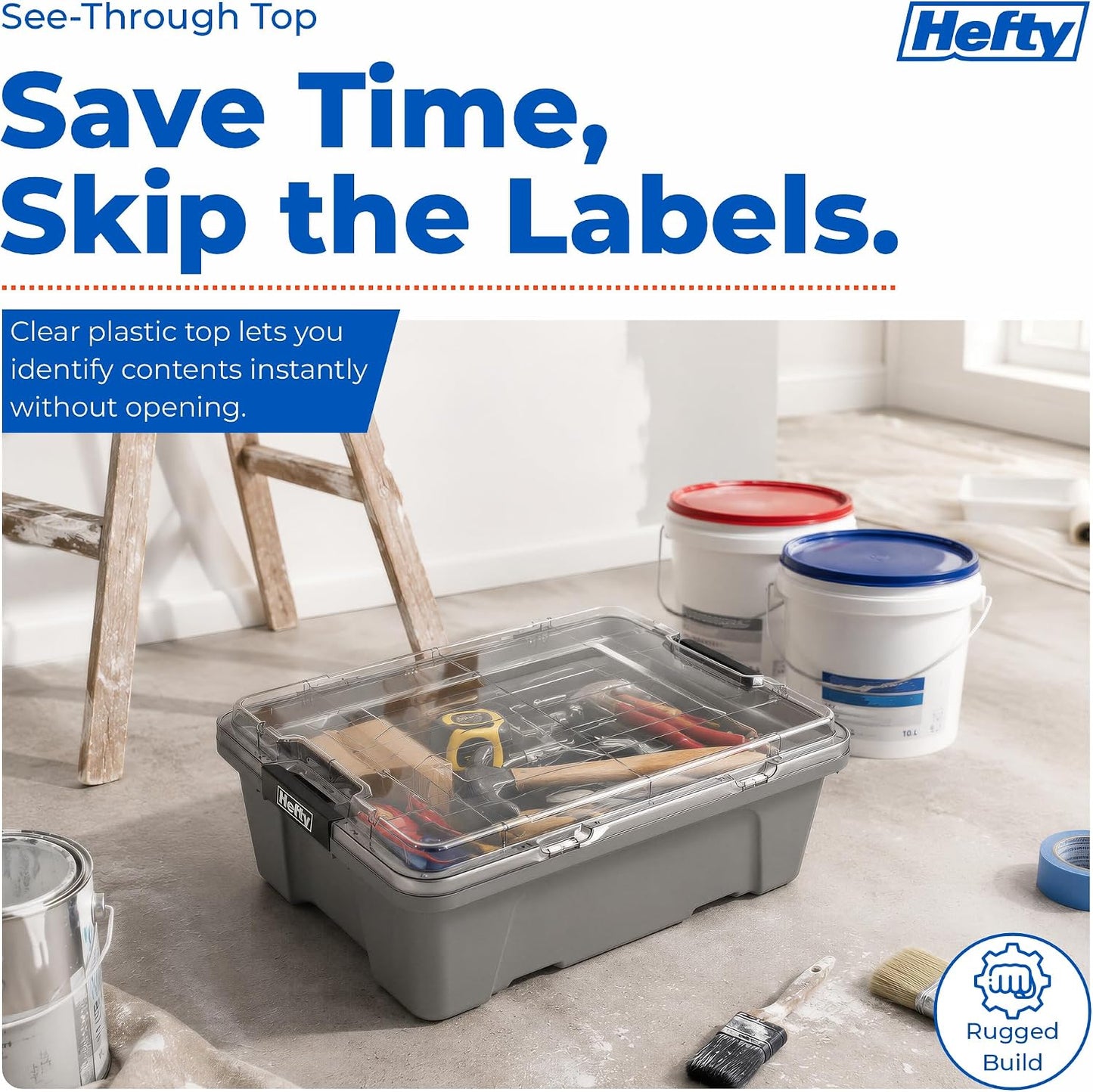 Hefty MAX Pro 12 Gallon Storage Bins with Latching Lids, Heavy Duty Stackable Plastic Storage Containers for Garage, Basement & Outdoor Use, Utility Storage Tote, 6 Pack, Gray