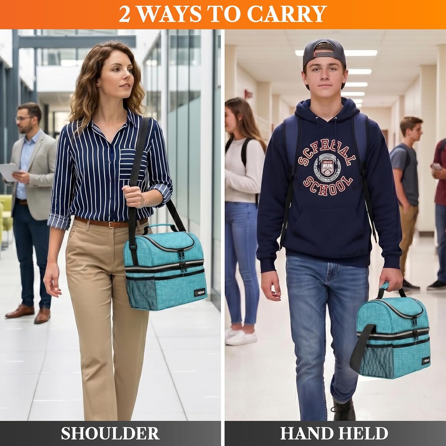 opux Insulated Lunch Bag for Men Women, Double Decker Leakproof Lunch Box Cooler Tote with Shoulder Strap, Large Lunchbox for Work School Travel Meal Prep, Adults Kids Boys Girls, Green, 16 Cans