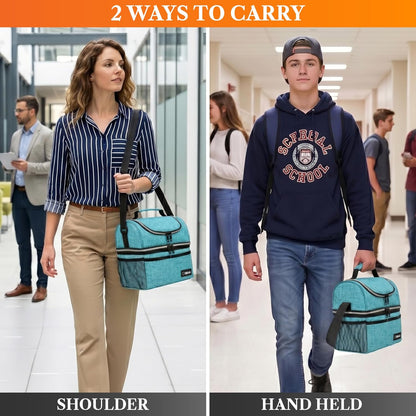 opux Insulated Lunch Bag for Men Women, Double Decker Leakproof Lunch Box Cooler Tote with Shoulder Strap, Large Lunchbox for Work School Travel Meal Prep, Adults Kids Boys Girls, Green, 16 Cans