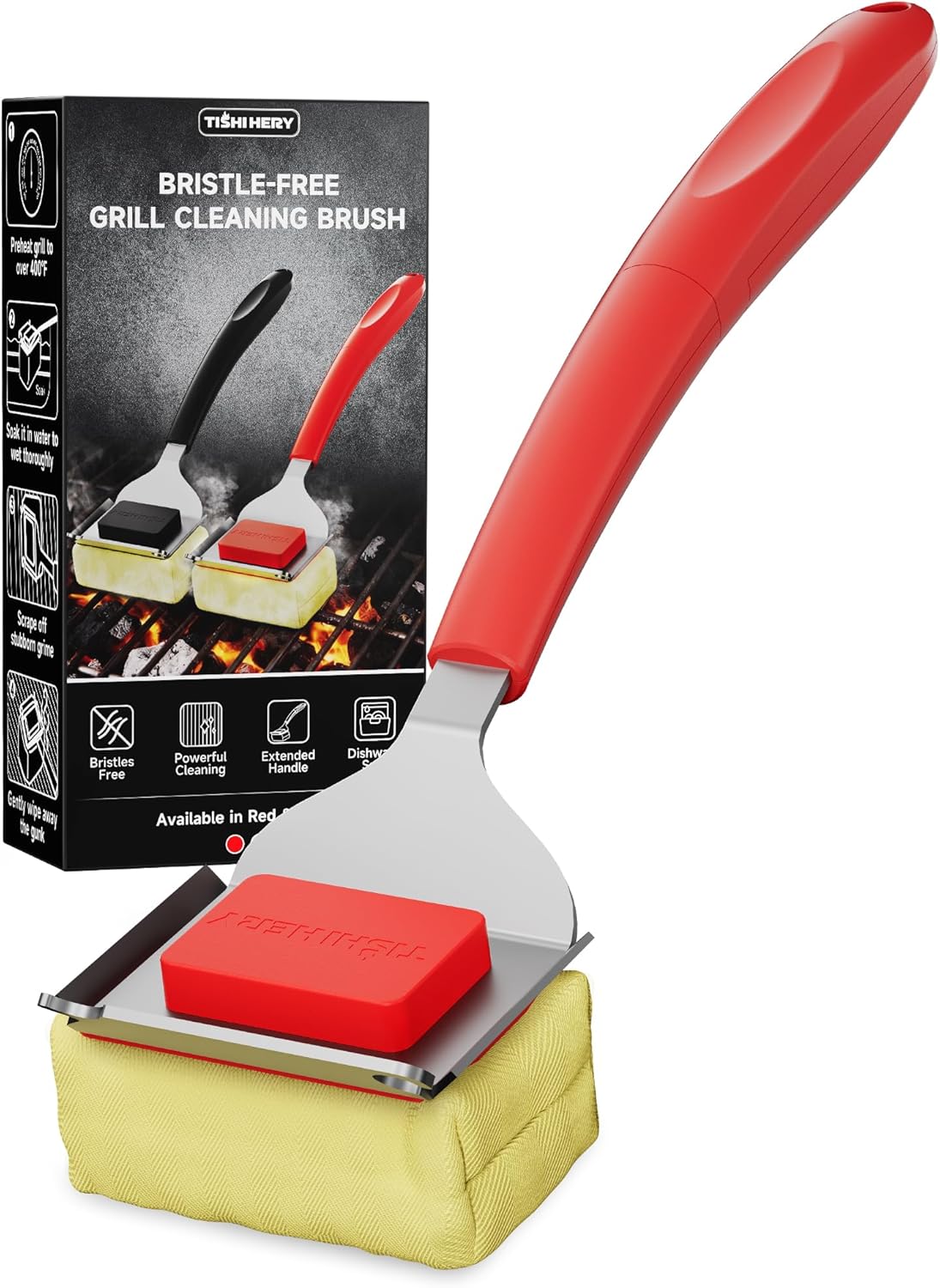 Bristle Free Grill Brush with Scraper for Outdoor Grill Cleaning, Safe Steam BBQ Grill Cleaner, Replaceable Head, Grilling Accessories for Cast Iron, Stainless Steel, Porcelain, Ceramic Grates - Black