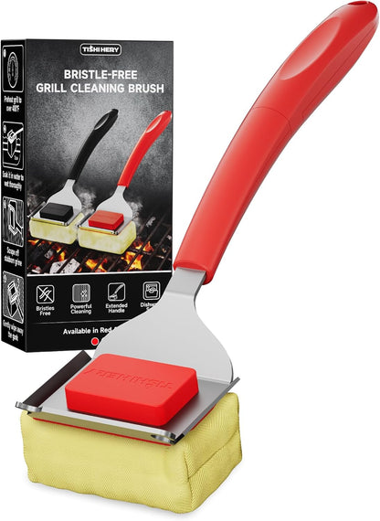 Bristle Free Grill Brush with Scraper for Outdoor Grill Cleaning, Safe Steam BBQ Grill Cleaner, Replaceable Head, Grilling Accessories for Cast Iron, Stainless Steel, Porcelain, Ceramic Grates - Black