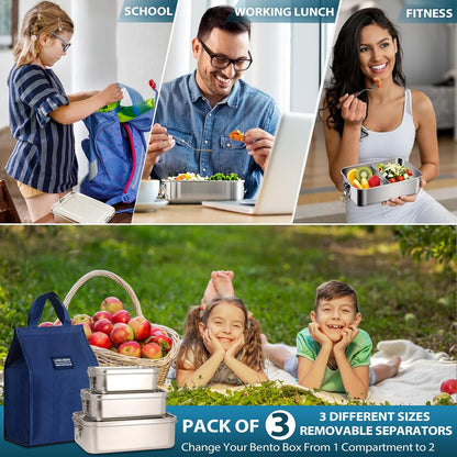 Stainless Steel Lunch Container 2 Pack 304 stainless Steel Bento Box Kids Adult(29oz/19oz),Leak Proof Stainless Steel Snack Containers With 1 Compartment and Lunch Bag