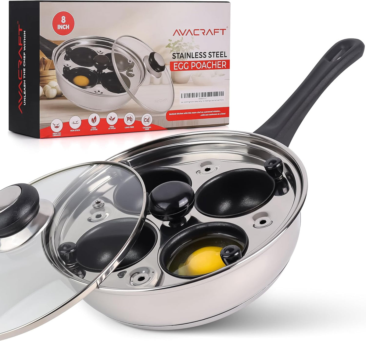 AVACRAFT Stainless Steel Egg Poacher Pan with 4 Egg Cups