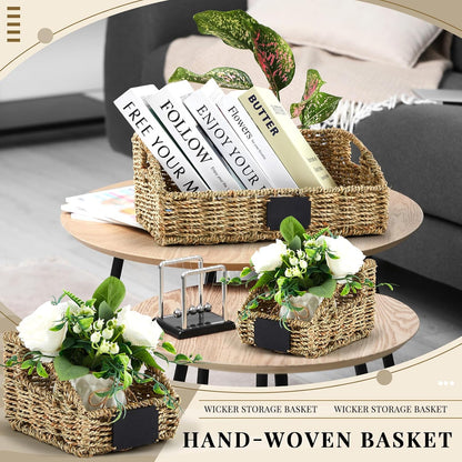 Wonderjune 4 Pcs Water Hyacinth Storage Basket Set Boho Wicker Rattan Pantry Basket with Chalkboard Label Handles Woven Container Kitchen Laundry Large Small for Shelves Food Home Bathroom Decor