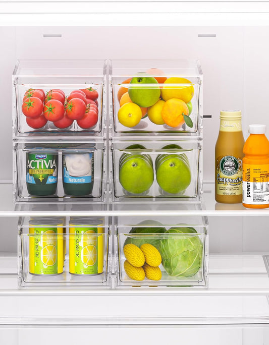 6 Pack Stackable Storage Drawers,Clear Fridge Organizer with Handles and Movable Dividers,Pull-Out Acrylic Drawer Organizer for Pantry, Bathroom,Kitchen Undersink,Cabinet