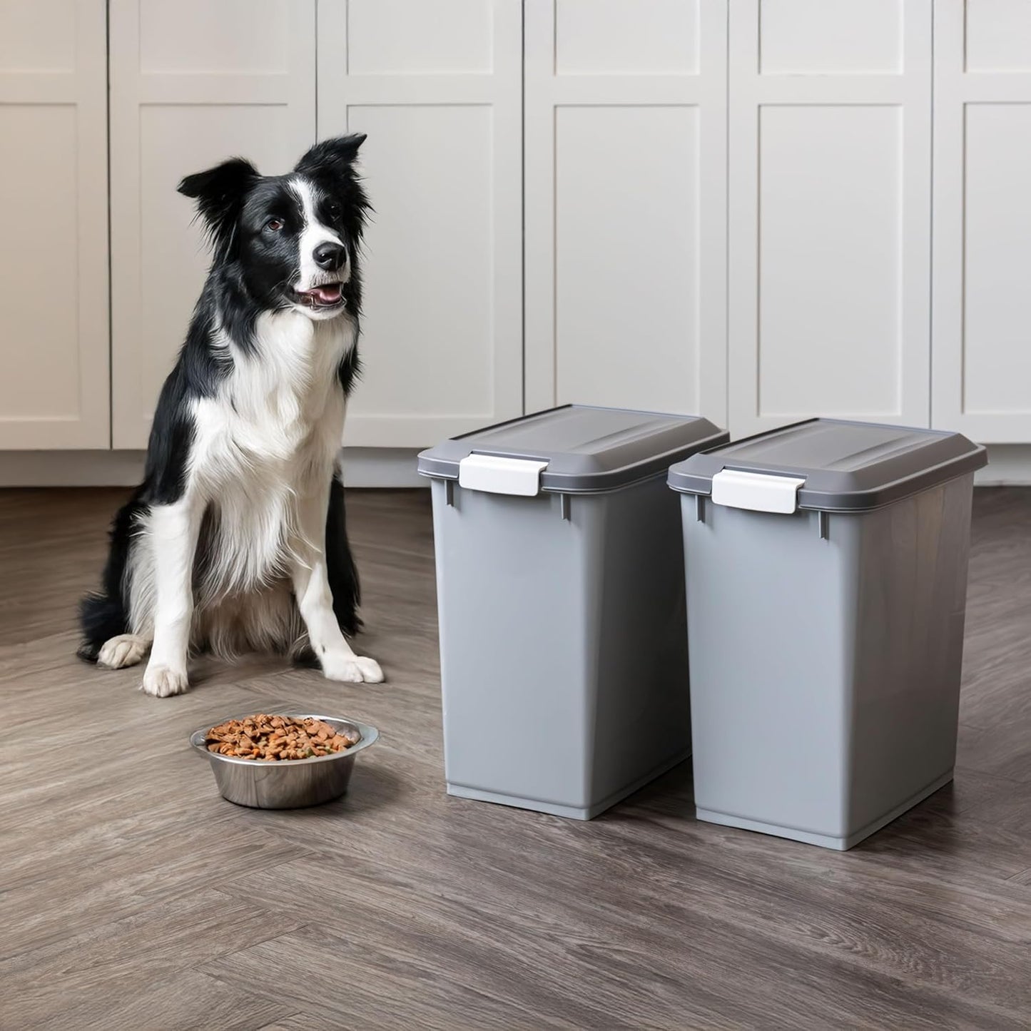IRIS USA Dog Food Storage Container, 2 Pack, Up to 30 lbs Each, Airtight Seal for Freshness, Wheels for Rolling, Easy One Hand Opening, Made in USA, BPA Free, Clear/Black