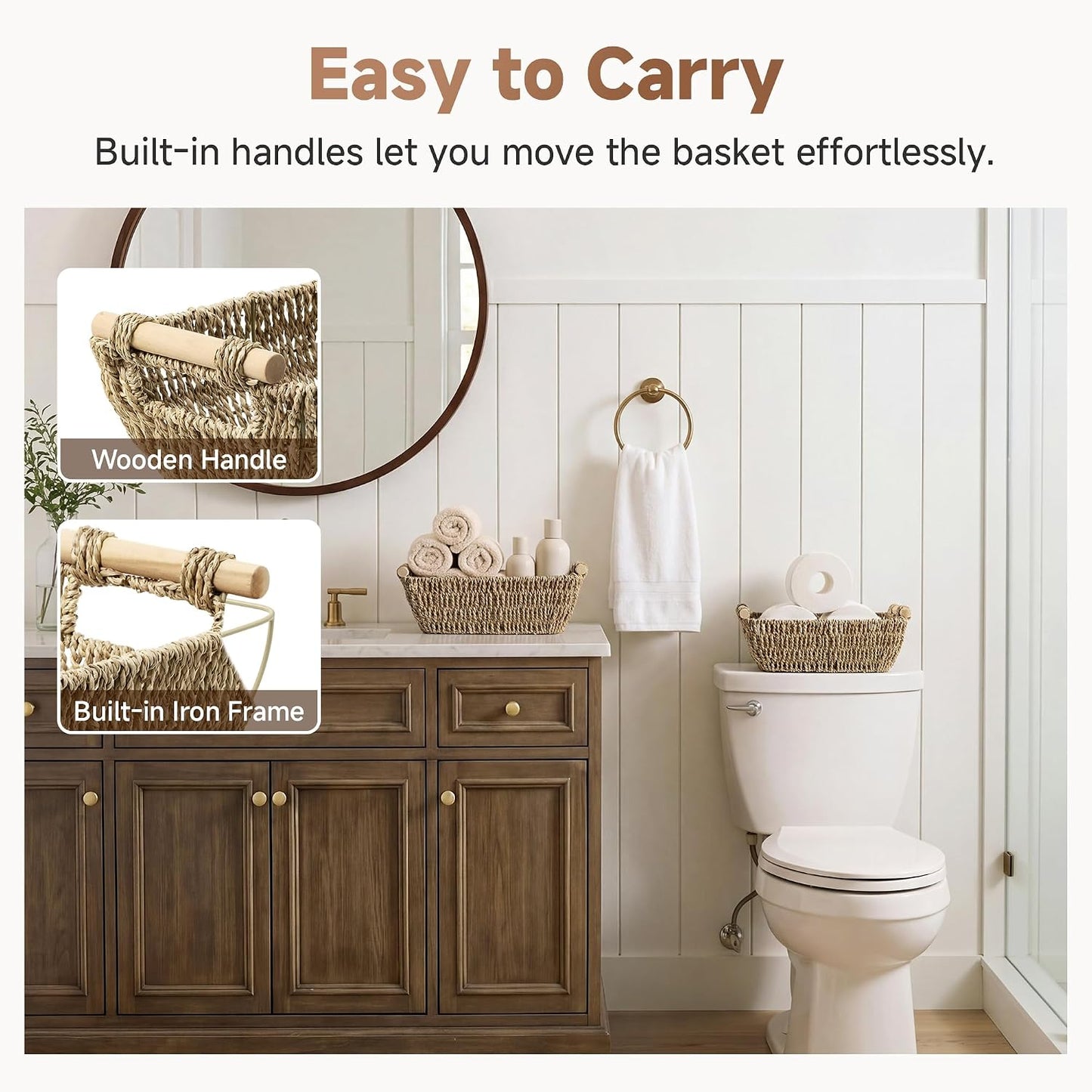 StorageWorks Hand-Woven Storage Baskets with Wooden Handles, Water Hyacinth Wicker Baskets for Organizing, 2 Pack