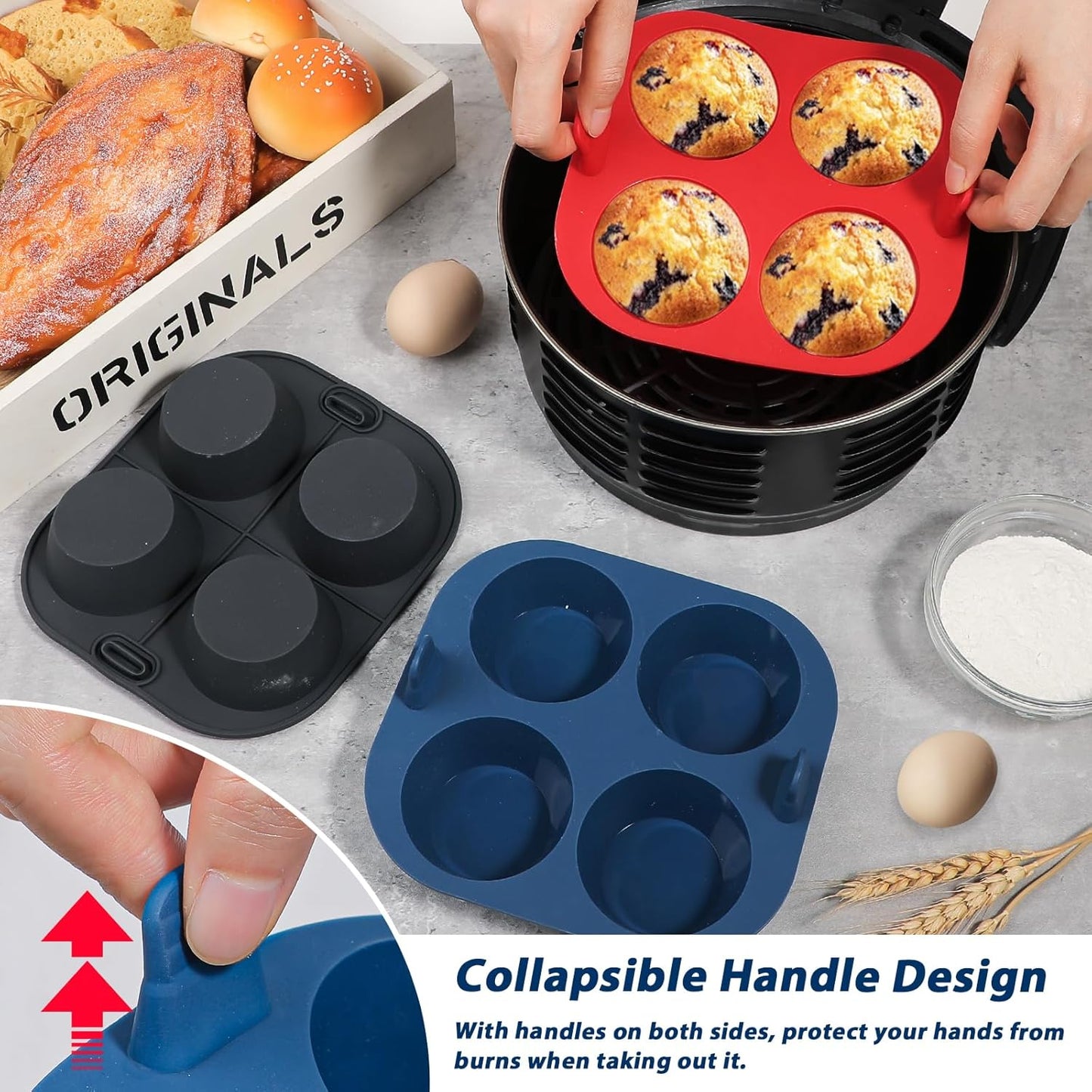 Webake 3PCS Silicone Air Fryer Muffin Pan for Baking 4 Cavity Air Fryer Egg Bites Silicone Mold, Nonstick BPA Free Muffin Tins