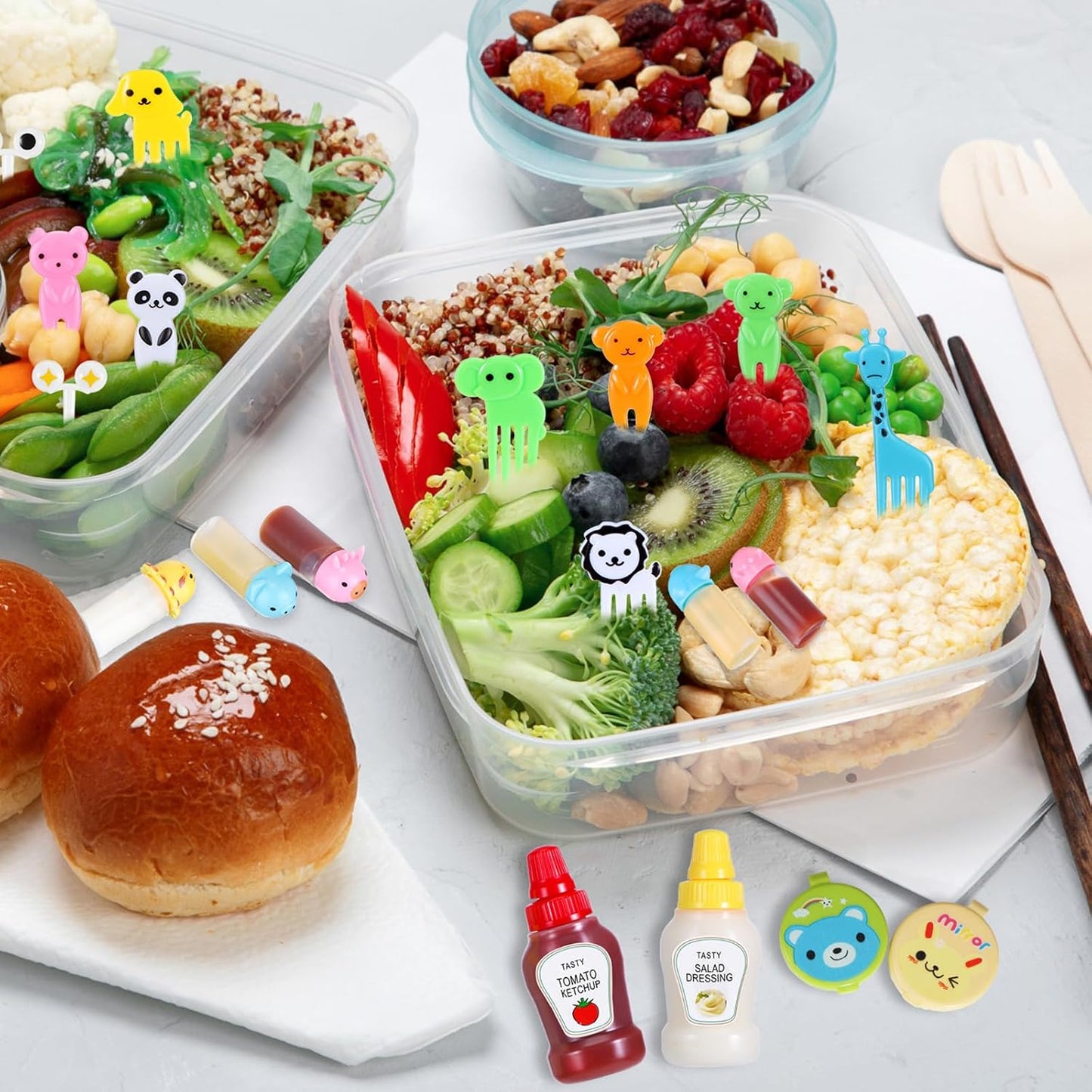 50 Pcs Kids Bento Box Accessories Including Food Picks Mini Condiment Bottles Ketchup Squeeze Bottles, Mini Soy Sauce Container with Funnel for Kids School Bento Camping Office Accessories (Animal)