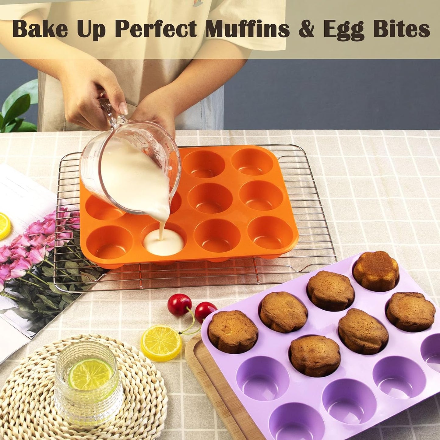 24 Cups Silicone Mini Muffin Pan Set, Nonstick Mini Cupcake Pans, BPA Free Small Muffin Tin for Baking, Set of 2 (Green+Purple)
