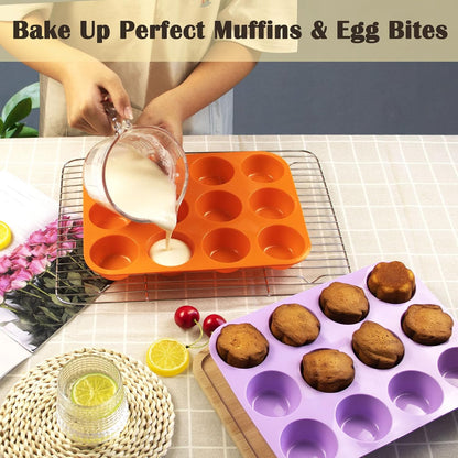 24 Cups Silicone Mini Muffin Pan Set, Nonstick Mini Cupcake Pans, BPA Free Small Muffin Tin for Baking, Set of 2 (Green+Purple)