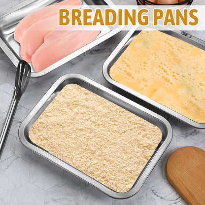 Mumufy Breading Trays Set of 3 Large Stainless Steel Breading Pans with Tong for Dredging Chicken Breasts and Marinating Meat, Food Prep Trays for Breadcrum Dishes (10.63 x 7.87 x 1.9 Inches)