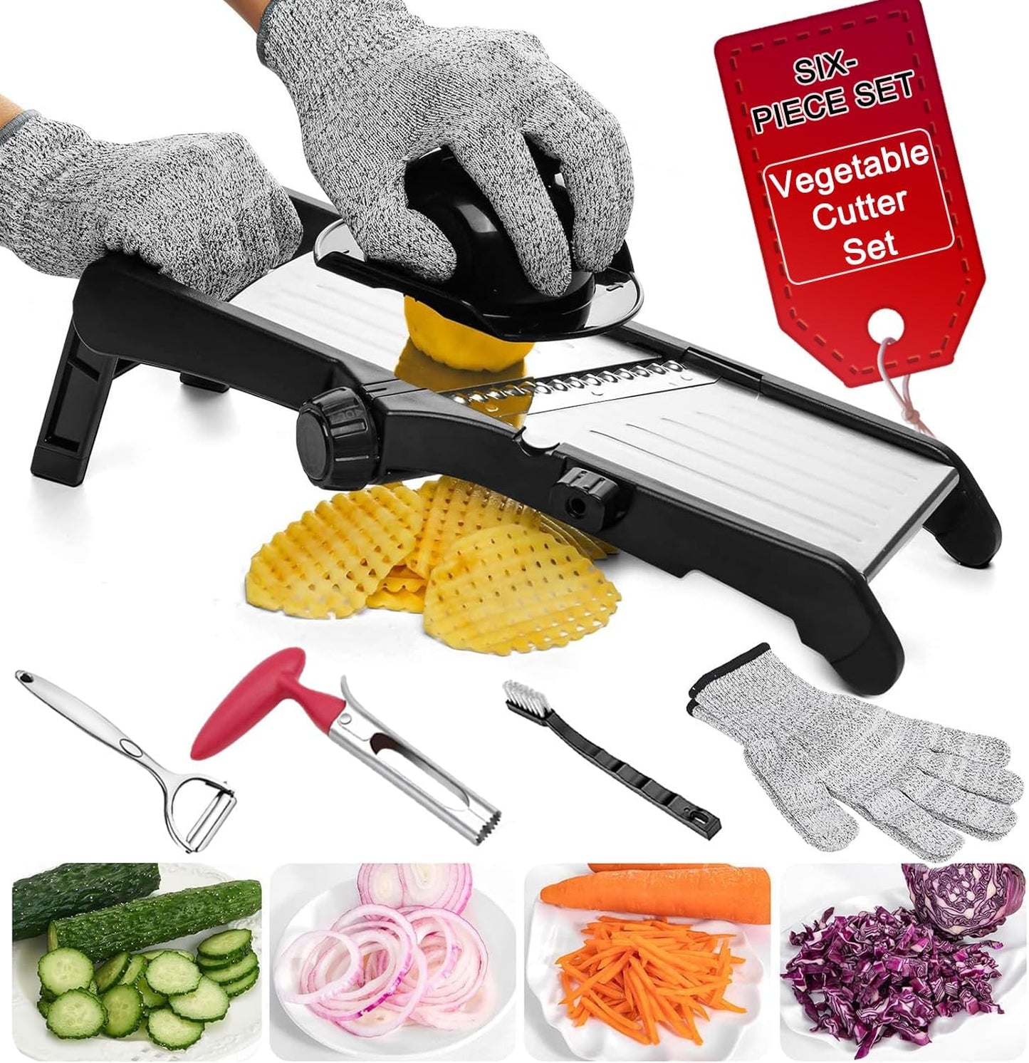 Mandoline Food Slicer for Kitchen, Adjustable Stainless Steel Mandoline Vegetable Slicer, Onion/Potato Slicer/French Fry Cutter, 6-Piece Fruit & Vegetable Cutting Set (Black/Silver)