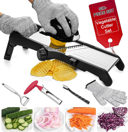 Mandoline Food Slicer for Kitchen, Adjustable Stainless Steel Mandoline Vegetable Slicer, Onion/Potato Slicer/French Fry Cutter, 6-Piece Fruit & Vegetable Cutting Set (Black/Silver)