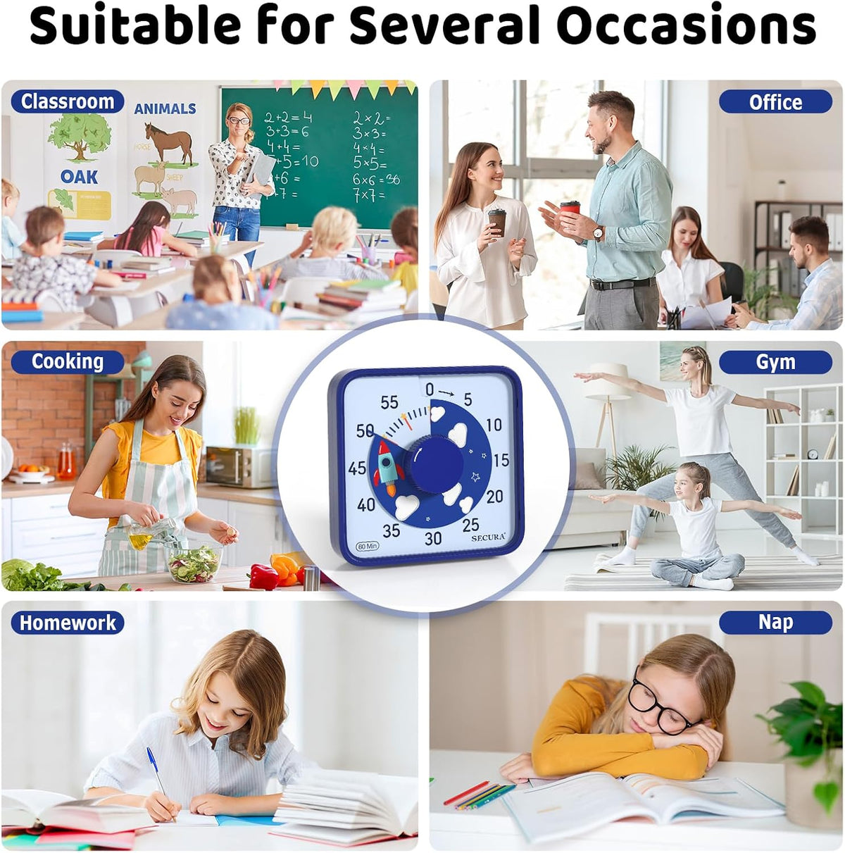 Secura 60-Minute Visual Countdown Timer, 7.5-Inch Oversize Classroom Visual Timer for Kids and Adults, Durable Mechanical Kitchen Timer Clock with Magnetic Backing (Blue)