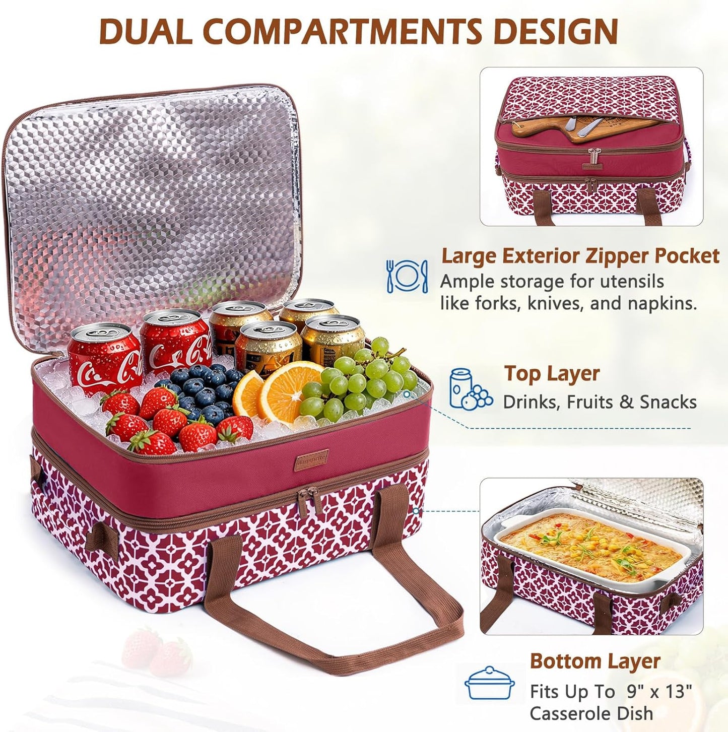 Double Layer Insulated Casserole Carrier, Fits 9" x 13" Baking Dish, Food Transport Carrier with Utensil Pocket for Hot & Cold Dishes, Reusable Potluck Tote for Thanksgiving, Parties&Family Gatherings