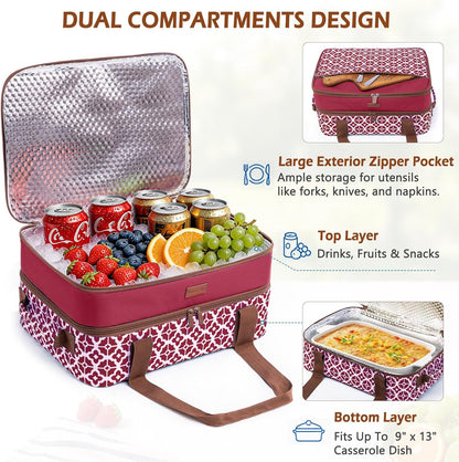 Double Layer Insulated Casserole Carrier, Fits 9" x 13" Baking Dish, Food Transport Carrier with Utensil Pocket for Hot & Cold Dishes, Reusable Potluck Tote for Thanksgiving, Parties&Family Gatherings