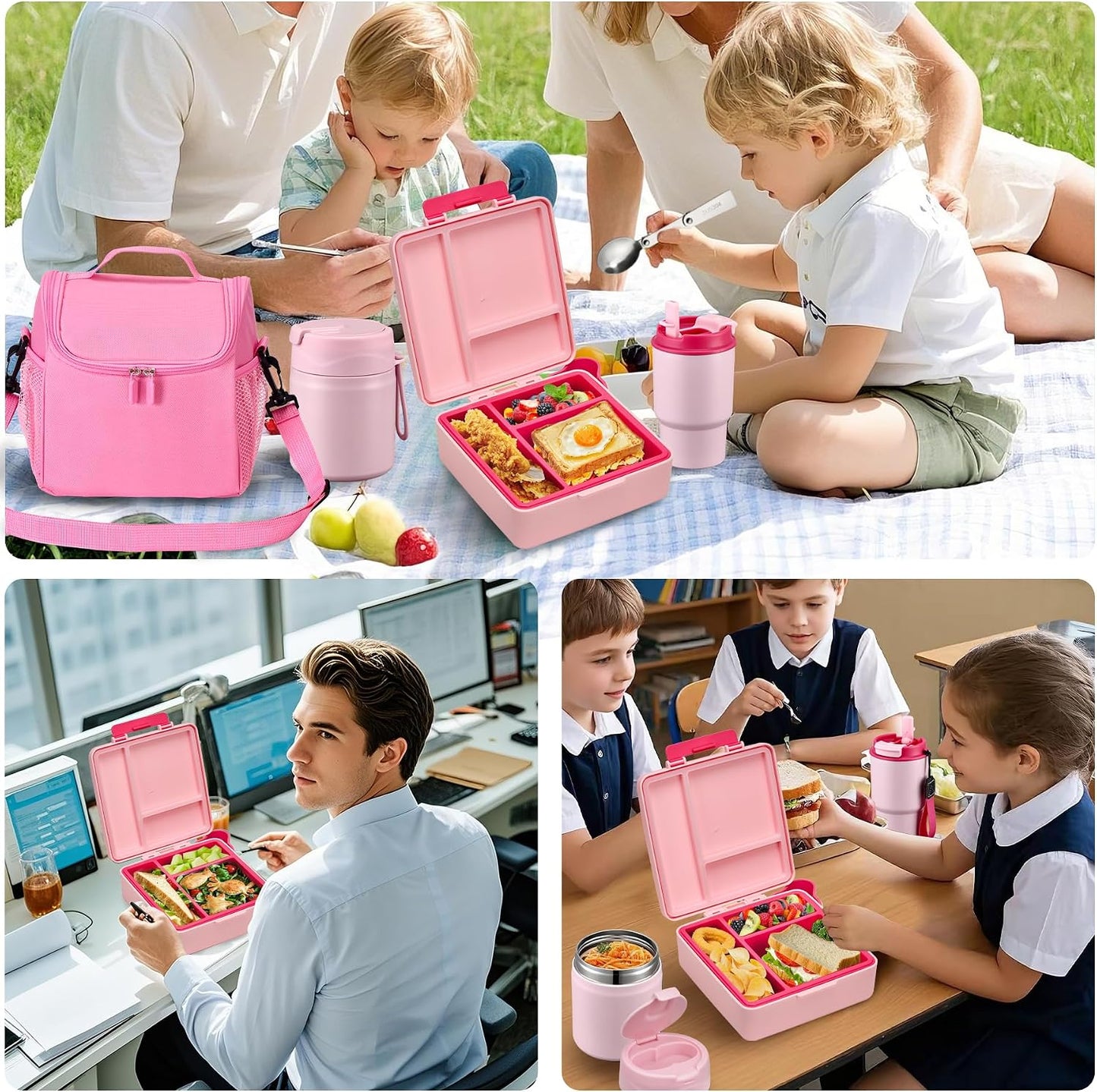 Bento Lunch Box for Kids with 17oz Soup Thermo,Insulated Tumbler Water Bottle and Insulated Lunch Bag,Leak-Proof 3 Compartment Lunch Food Container with Ice Pack for Kids to School-Horse