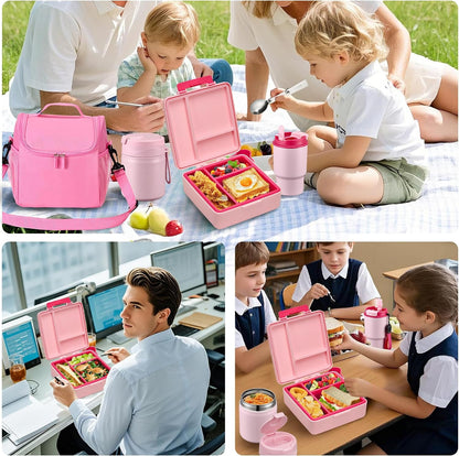 Bento Lunch Box for Kids with 17oz Soup Thermo,Insulated Tumbler Water Bottle and Insulated Lunch Bag,Leak-Proof 3 Compartment Lunch Food Container with Ice Pack for Kids to School-Horse