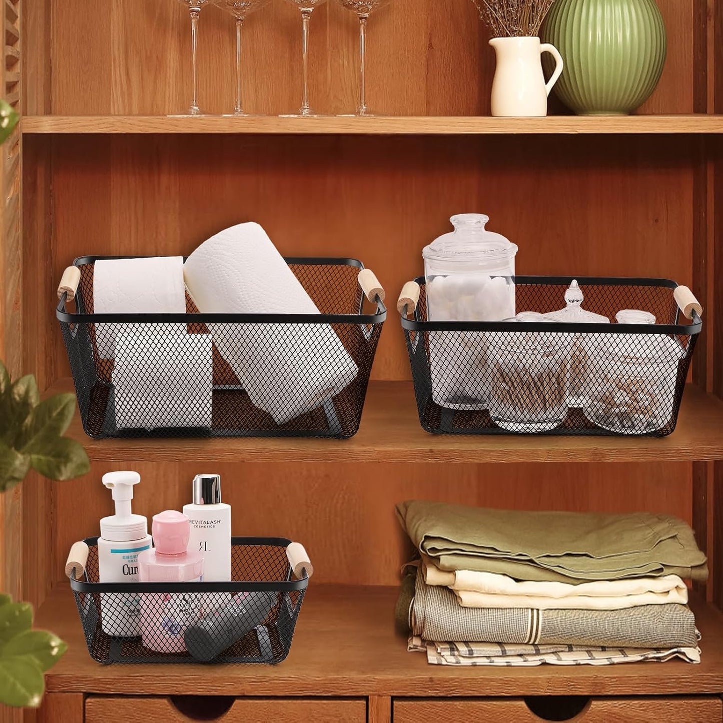 Noamus 3 Pack Metal Mesh Basket with Wooden Handle, Farmhouse Wire Steel Storage Bins, Rectangle Fruit Vegetable Organizer Containers for Home Cabinet Pantry Kitchen Decor, Snack Gift (Black, 3 Size)