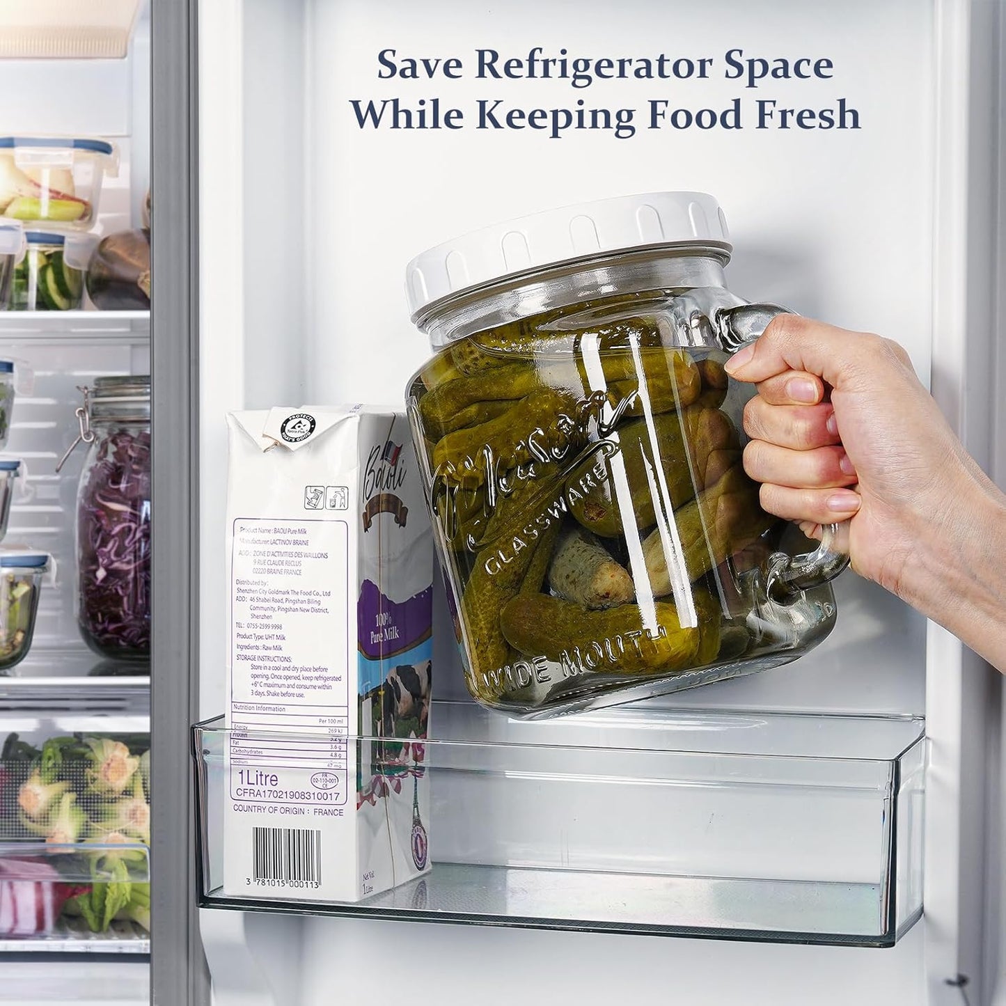 Folinstall 74 oz/2160 ml Glass Jar with Lid, Wide Mouth Airtight Glass Storage Jar, Quart Pantry Organization Mason Jar For Fridge, Food Storage Container For Sugar, Flour, Pickle, Coffee, Candy