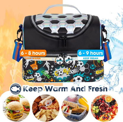 Kids Double Decker Cooler Insulated Lunch Bag, Back to School Large Meal Tote for Boys, Girls, Men, Women, with Adjustable Strap, Soccer