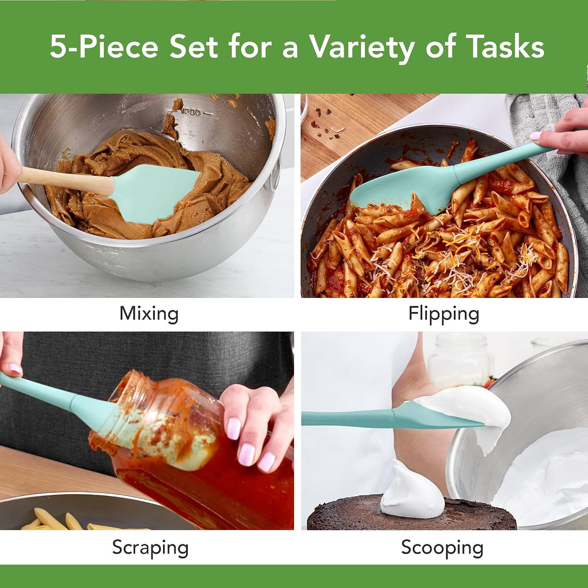 Tovolo Flex Core 5 Piece Silicone Spatula Set Heat Resistant All Silicone Utensils Include Non Stick Spatula Spoonula Jar Scraper, Dishwasher Safe BPA Free Spatulas for Baking Mixing, White