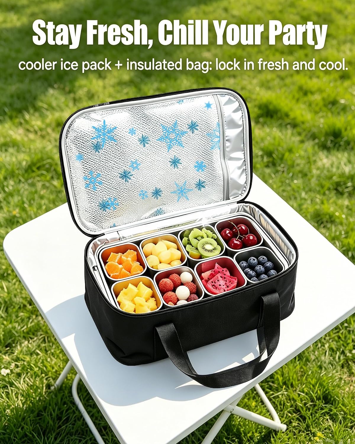 Snackle Box Container, Stainless Steel Divided Serving Tray with Lid and Handle, Large Snack Tray for Fruit Veggie Candy, 8-Compartment Snack Platter for Travel Party Beach Picnic