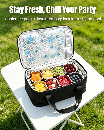 Snackle Box Container, Stainless Steel Divided Serving Tray with Lid and Handle, Large Snack Tray for Fruit Veggie Candy, 8-Compartment Snack Platter for Travel Party Beach Picnic