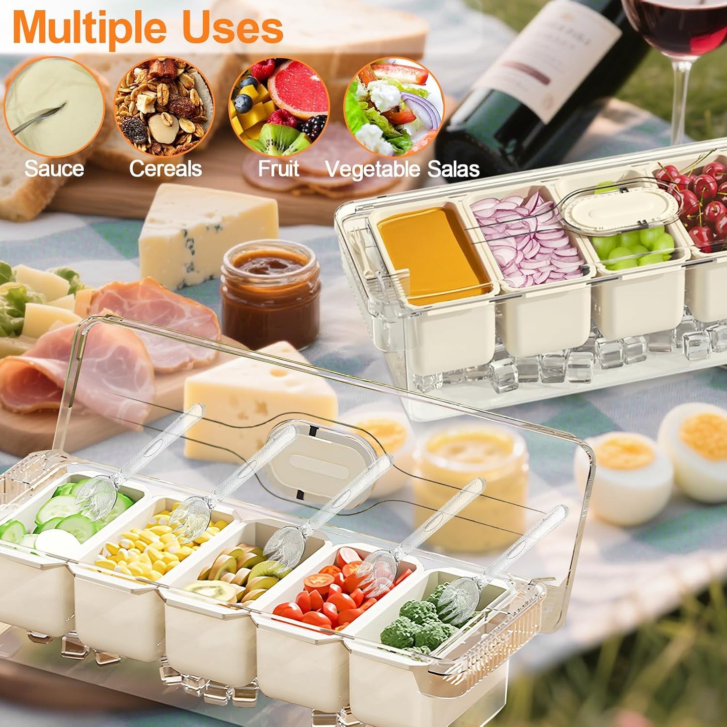 SVNNELP Ice Chilled Condiment Caddy Containers Server with Lid,Serving Fruit Tray Platter with 5 Removable Compartments,Garnish Tray for Party Supplies & Bar Accessories for Taco,Salad