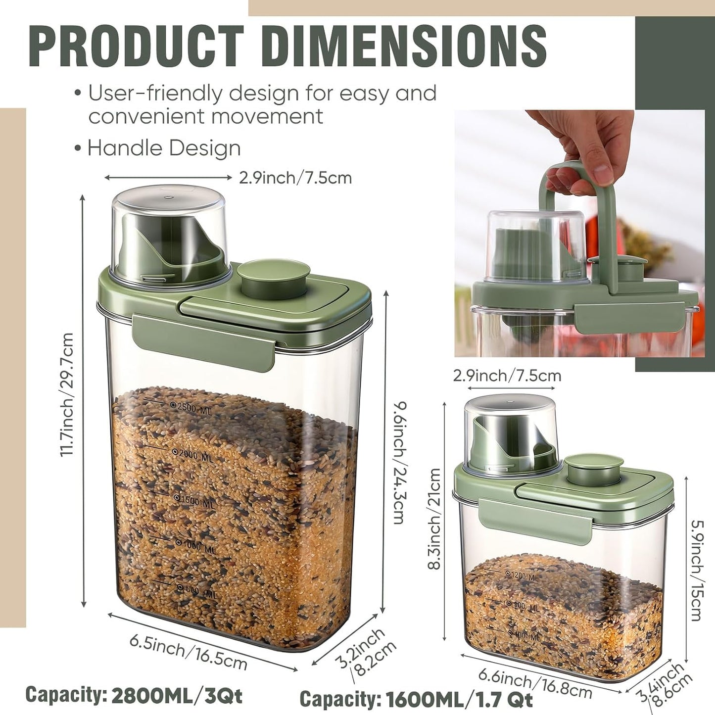 Maxdot 2 Pcs Bird Food Storage Container, Bird Seed Container with Lids Airtight Cup Pet Parrot Food Storage 1.7 Qt & 3 Qt Measuring Containers Easy Pour Spouts for Macaws African Cockatoos(Green)