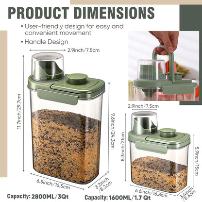 Maxdot 2 Pcs Bird Food Storage Container, Bird Seed Container with Lids Airtight Cup Pet Parrot Food Storage 1.7 Qt & 3 Qt Measuring Containers Easy Pour Spouts for Macaws African Cockatoos(Green)