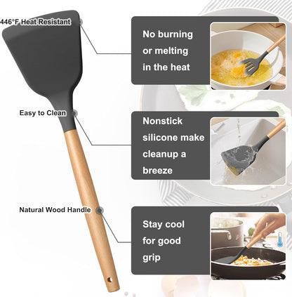 E-far Silicone Cooking Utensils Set, 5-Piece Kitchen Utensils Set with Wooden Handle for Cooking, Silicone Kitchen Nonstick Tools Spatula Turner Slotted Spoons, Nontoxic & Heat Resistant-Khaki