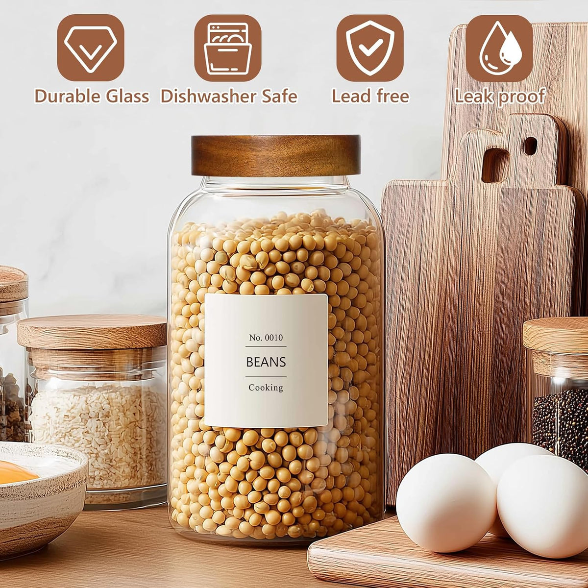 KEYWING 88oz Large Glass Jars with Airtight Acacia Wood Lids, Set of 3 Food Storage Containers for Flour, Sugar, Rice, Pasta, Cereal, Cookies – Includes 126 Labels