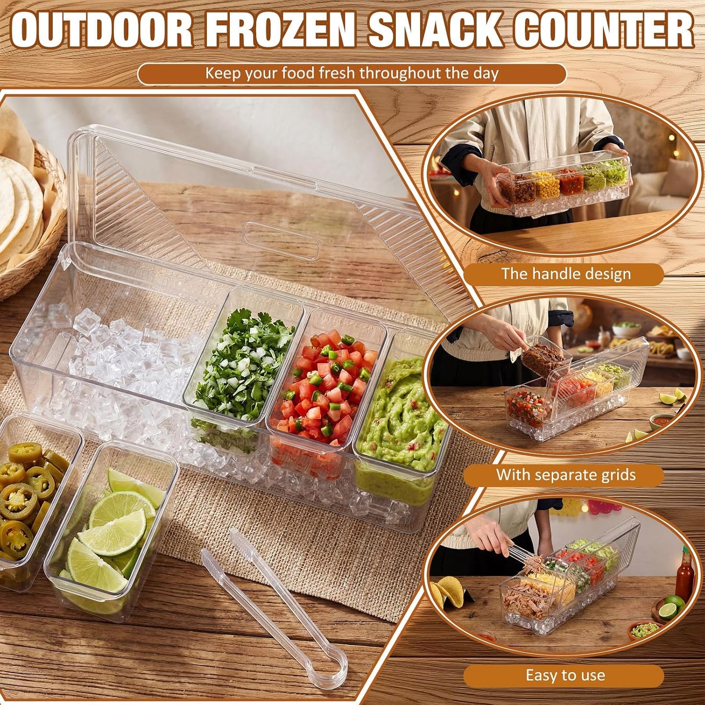 Sliner Taco Bar Serving Set for Party, Ice Chilled Condiment Caddy with 5 Containers, 50 Paper Food Trays, Scoop Spoons Clip, Fruit Salad Chilled Tray for Taco Mimosa Bar Party Beach Picnic Outdoor