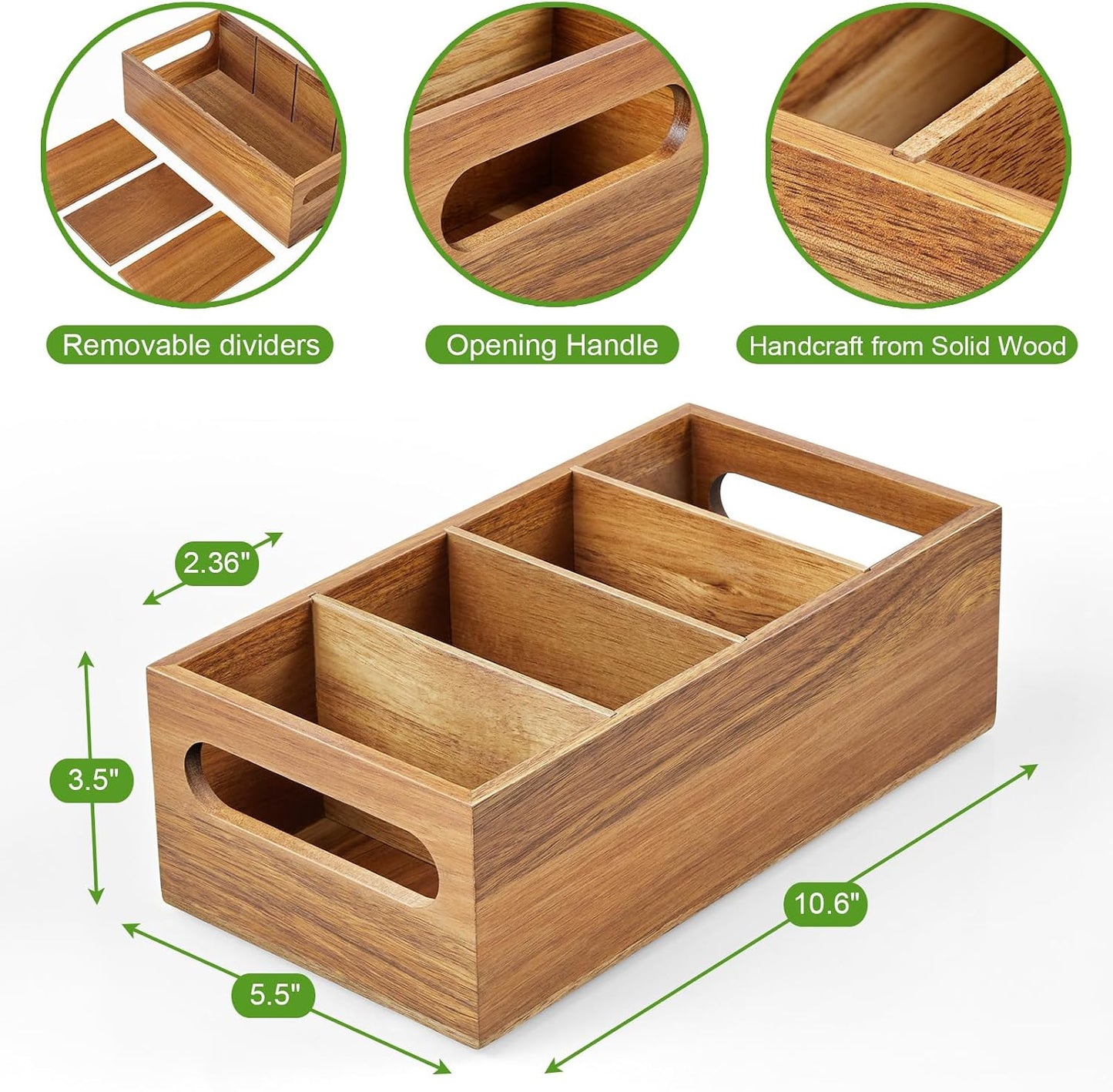 DRASTAR Pantry Organization and Storage Bins, Large Snack Organizer with Removable Dividers, Wooden Storage Caddy for Kitchen, Pantry, Cabinet, Countertop, Black