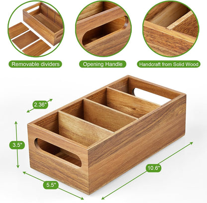 DRASTAR Pantry Organization and Storage Bins, Large Snack Organizer with Removable Dividers, Wooden Storage Caddy for Kitchen, Pantry, Cabinet, Countertop, Black