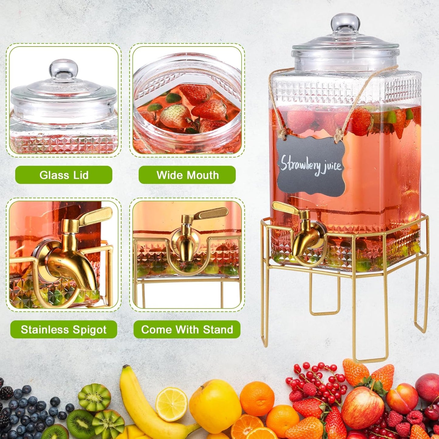Drink Dispenser,2 Gallon Drink Dispensers for Parties,Beverage Dispenser with Stand,Glass Lid and Stainless Steel Spigot Leak-proof, Ideal for Lemonade,Juice, Tea, and Party Drinks