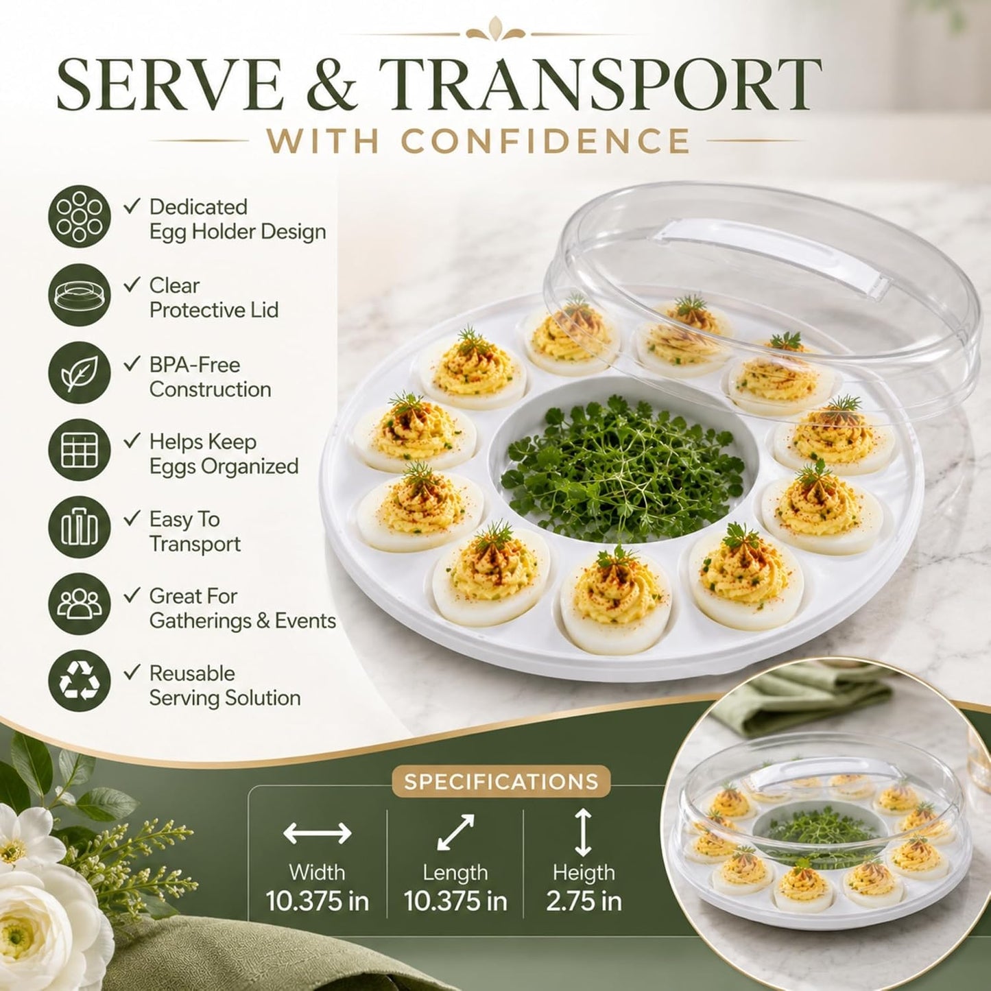 Deviled Egg Carrier Tray with Lid, 10.375x3.5 in. BPA Free Covered Serving Platter with Handle, Hold 12 Eggs, Portable Egg Storage Container for Parties Potlucks Picnics Entertaining Food Transport