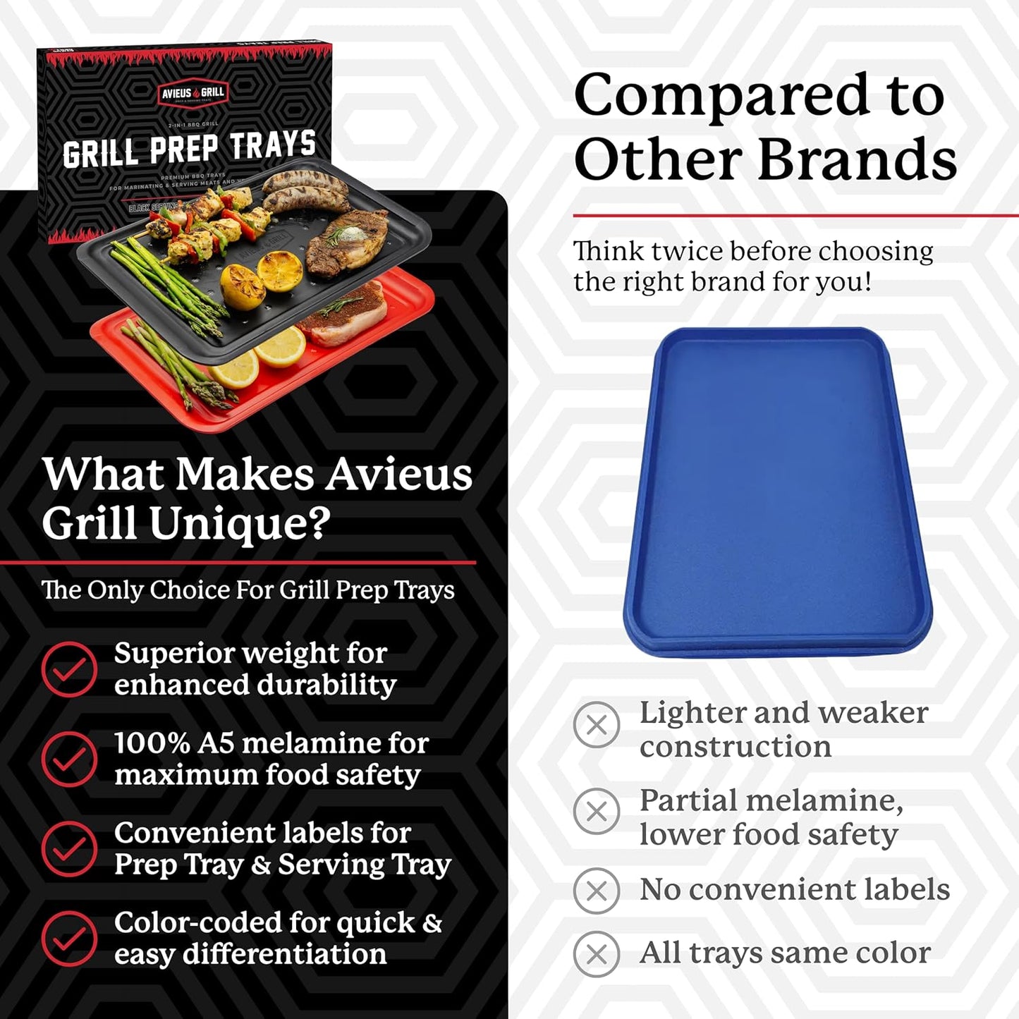 AVIEUS Grill Prep and Serve Trays | Set of 2 Stackable, Melamine Trays | Serving Tray & Marinating Tray | Serving Platter for Plating Food & BBQ Prep Tub for Marinating Meats | Grill Accessories |