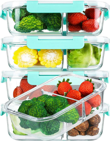 M MCIRCO [5-Pack,36 Oz] Glass Meal Prep Containers 2 Compartments Portion Control with Upgraded Snap Locking Lids Glass Food Storage Containers, Microwave, Oven, Freezer and Dishwasher (4.5 Cups)