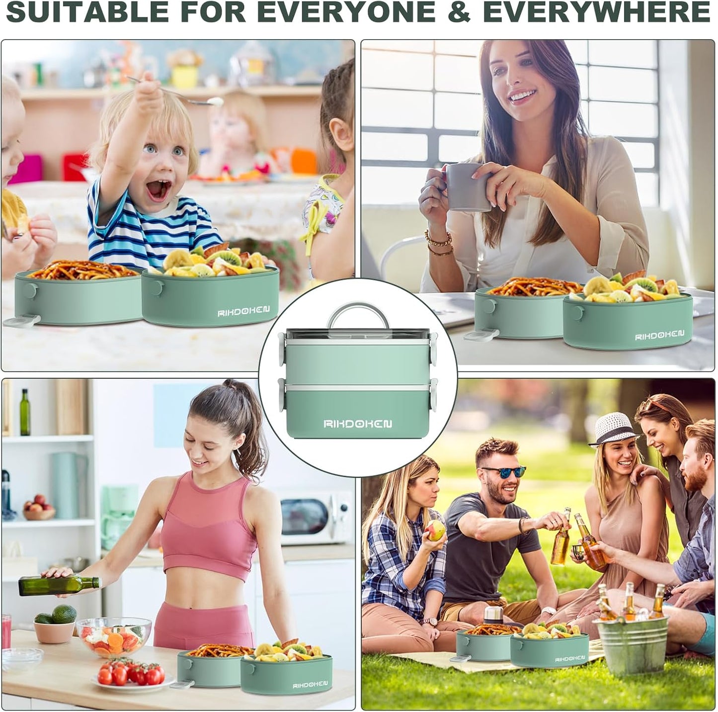 RIKDOKEN Lunch Box, Stackable 3 Layers Containers, Portable 94OZ Large Capacity Leakproof Bento Box with Spoon & Fork & Sauce Boxes, Microwave Safe Lunch Box for Kids and Adults