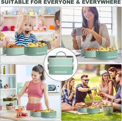 RIKDOKEN Lunch Box, Stackable 3 Layers Containers, Portable 94OZ Large Capacity Leakproof Bento Box with Spoon & Fork & Sauce Boxes, Microwave Safe Lunch Box for Kids and Adults
